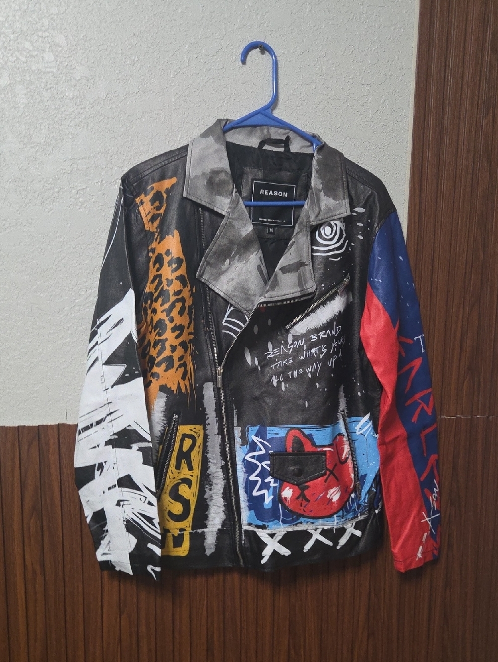 Reason Brand Faux Leather Graffiti Biker Jacket Flyest Teddy Moto - Size M
